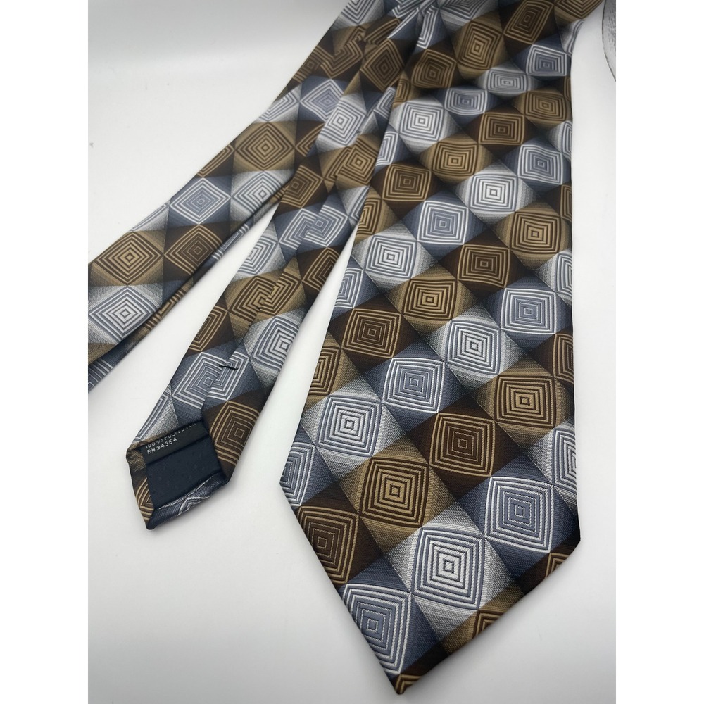Giorgio Bissoni Mens Geometric Tie Brown Grey Silver Square Pattern RN 94964